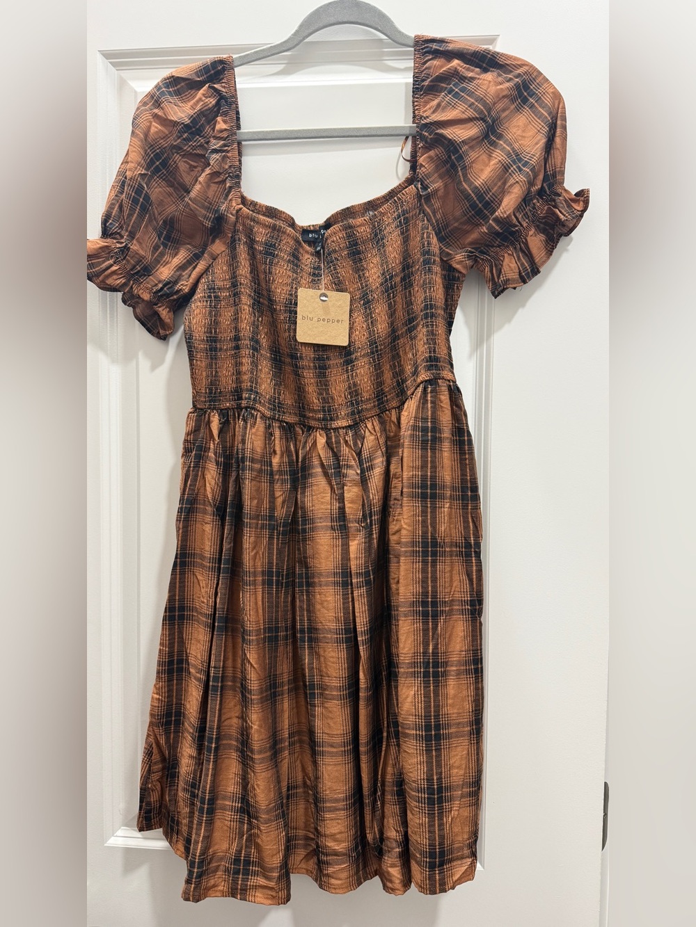 Boutique Blu Pepper Rust Plaid Smocked Puff-Sleeve Dress Fall